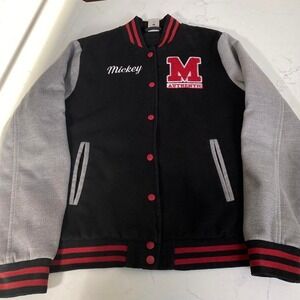 Disney Japan Mickey Mouse Varsity Jacket‎ Letterman Black Gray Snap front Small